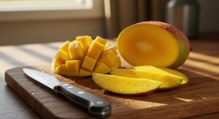 Fresh Cut Mango on Wooden Board with Knife in Natural Light