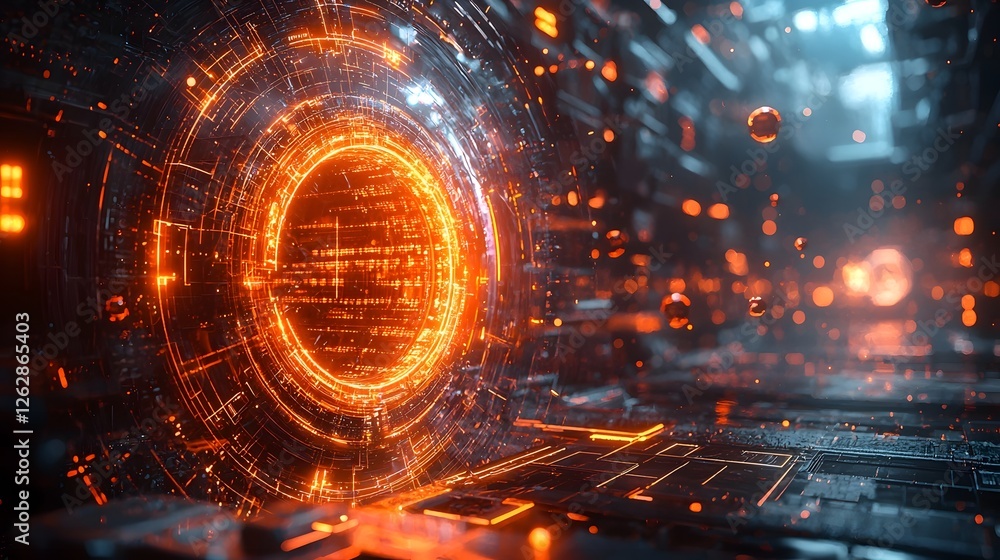 Poster glowing quantum computer core with radiant orbiting particles in surreal futuristic laboratory