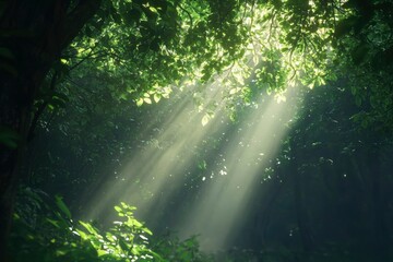 Obraz premium Sunlight streams through dense forest canopy. Possible use Stock photo for nature, environment, or tranquility