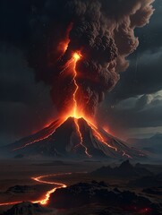 A massive volcano erupts violently, sending lava and ash into the dark sky