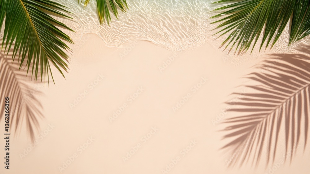 Aufkleber tropical background with palm leaves casting shadows on a sandy beach with gentle waves creating a s