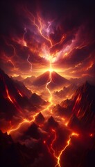 A volcano rages with fire and thunder, as rivers of lava carve through the rocky terrain