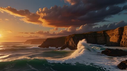 Majestic Coastal Sunset with Crashing Waves