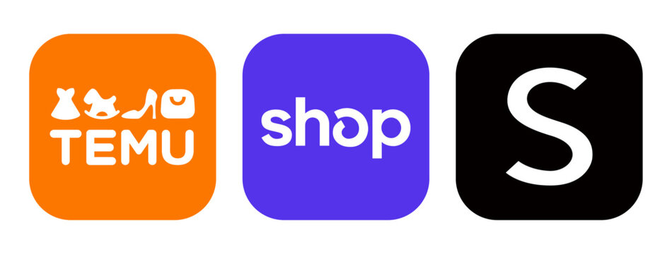 Set of internet shops mobile apps icons, on transparent background, such as Temu, Shop and Shein, vector illustration