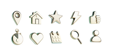 Obraz premium 3d gold metallic iconset, home icon, 3d star, golden assets. Chrome 3d assets, app icons, shiny UI elements, app assets