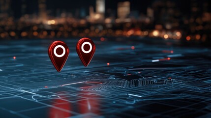 Vibrant red location pins stand out on a digital map against a geometric blue backdrop, symbolizing modern navigation and technology