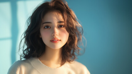 Fototapeta premium young woman with wavy hair, soft expression, and natural light against blue background.