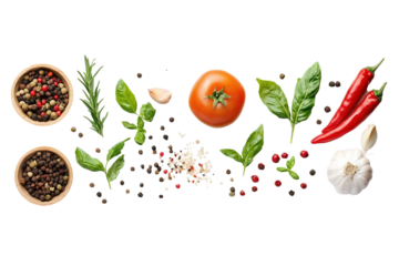 A variety of spices and herbs are scattered across . ,on transparent background.