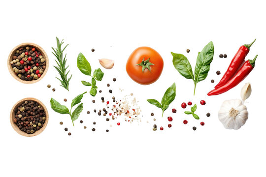A variety of spices and herbs are scattered across . ,on transparent background.