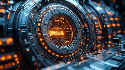 Futuristic technology machine detail, intricate gears. Potential use Stock photo for science fiction, technology, engineering