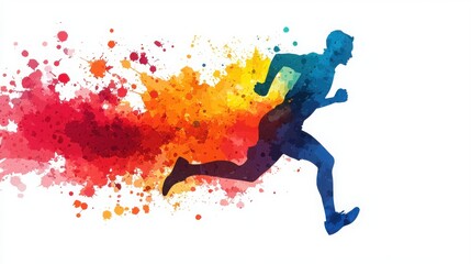 Fototapeta premium Dynamic runner silhouette with colorful paint splash background.
