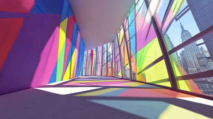 Bright interior with city view and colorful sketch on the wall, symbolizing creative and analytical thinking in a professional workspace. 3D rendering of an innovative environment for idea generation