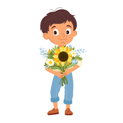Cute baby boy holding sunflower bouquet Happy child presenting flower bunch Cartoon character design for Mother's Day or Women's day greeting card, flyers, invitation Flat vector illustration isolated