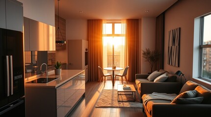 Fototapeta premium ): A chic apartment with modern design, a sleek kitchen, and a cozy living room is bathed in warm golden hour light, which creates a cozy and welcoming atmosphere.