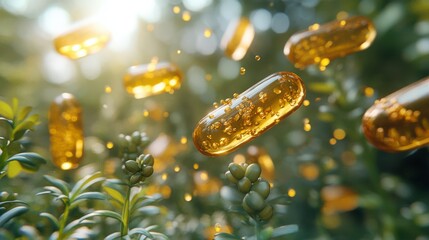 Floating Supplement Capsules Above Lush Greenery In Sunlight And Fresh Air Exposure Exposure With Natural Light And Vital Energy For Health And Wellness Of Organic Herbal Products In Natural