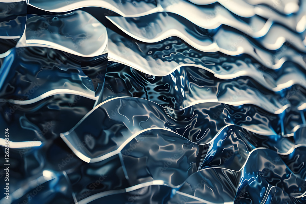 Poster abstract close-up of wavy metallic surface reflecting light, creating dynamic patterns and textures