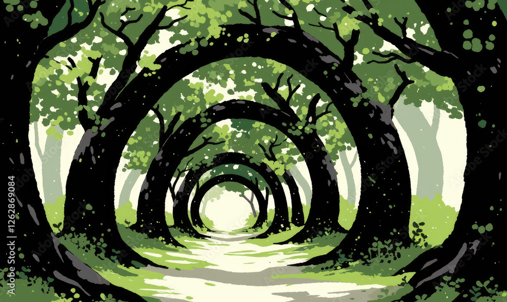 Poster serene forest path is surrounded by arching trees, creating tunnel effect with lush green foliage. s