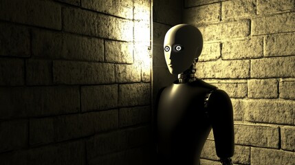 Humanoid robot spying behind the wall in a futuristic environment. Advanced robotics, surveillance technology, artificial intelligence, and digital espionage concept in a 3D illustration