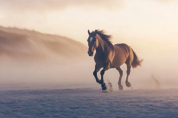 Horse running in fog. Generative AI