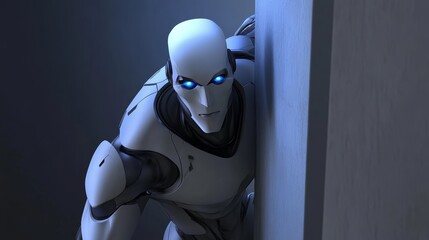 Humanoid robot spying behind the wall in a futuristic environment. Advanced robotics, surveillance technology, artificial intelligence, and digital espionage concept in a 3D illustration