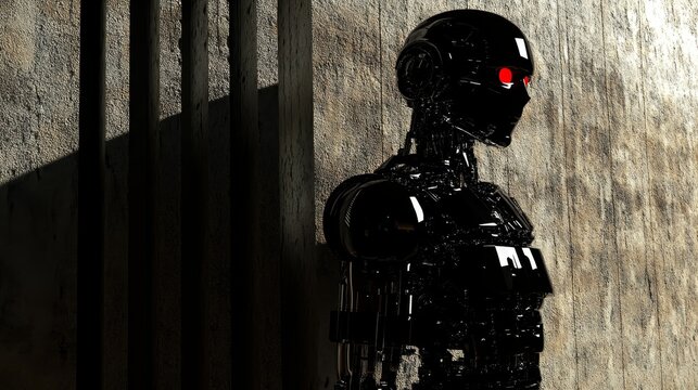 Humanoid robot spying behind the wall in a futuristic environment. Advanced robotics, surveillance technology, artificial intelligence, and digital espionage concept in a 3D illustration