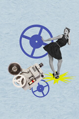 Vertical sketch 3d collage poster of astonished pinup girl wear dotted dress headband camera cinematography reportage news channel
