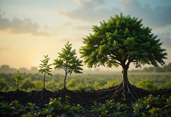 Obraz premium A plant growing from seed to mature tree, depicting growth process against a serene sunset and mountain backdrop. Symbolizes development, progress, and life cycle.