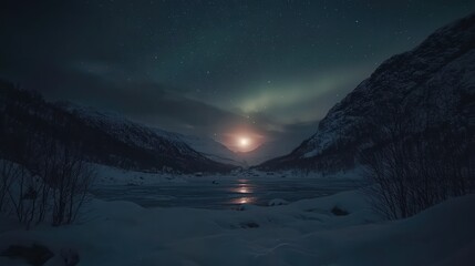 Northern Lights casting a soft glow across the Norwegian mountains, with their gentle colors reflecting on the snow