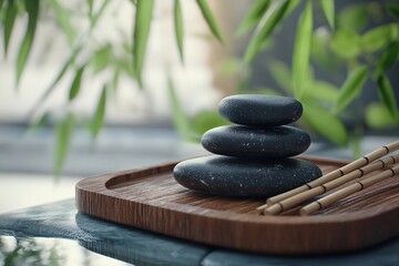 decorative zen stones and bamboo on wood