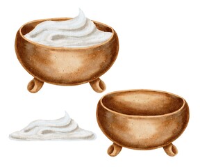 Wooden Russian traditional deep plate bowl with sour cream, yogurt set on white. Watercolor illustration for labels, packaging, menus, decoration of compositions for holidays and festivals