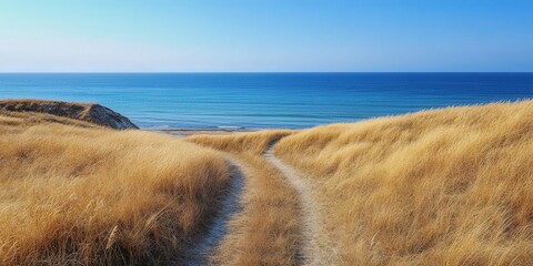 dry coastal grass growing along a winding path, leading toward the beach where the clear blue ocean meets the sky at the horizon