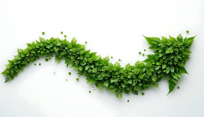  green arrow formed by lush leaves curves dynamically on a white background. Symbolizes growth, direction, and natural movement. Ideal for eco-friendly, design, or directional themes.