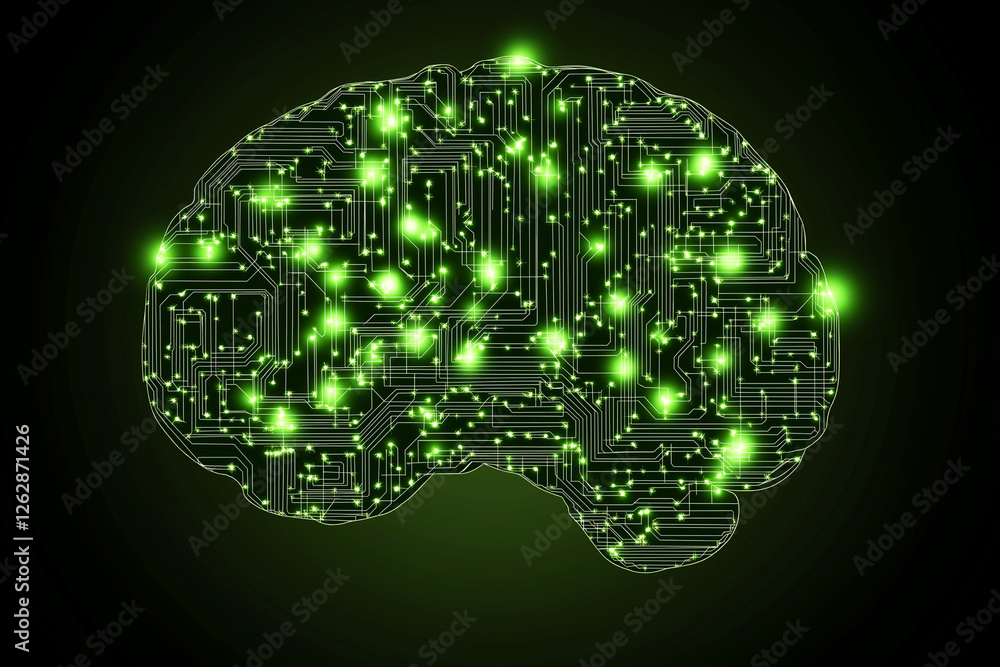Poster tech circuit board shaped like brain glowing green background