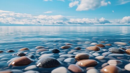 lakeshore covered in smooth pebbles, with calm water reflecting the gentle movement of clouds, all captured in ultra-clear 4K imagery