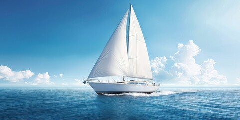 Fototapeta premium Sailboat gliding across the ocean under a bright blue sky with fluffy clouds.