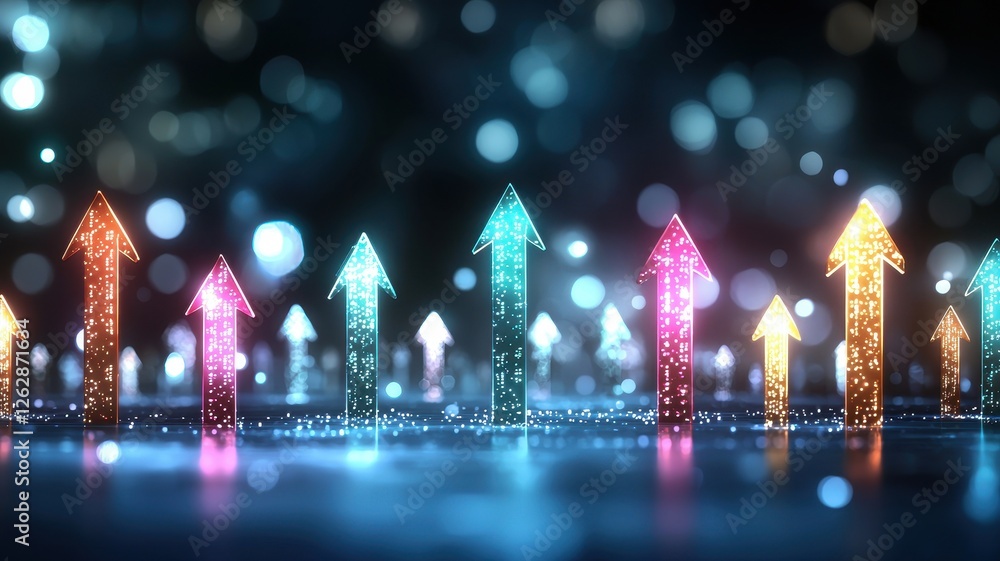 Poster colorful arrows pointing upward with a sparkling background, symbolizing growth and progress.