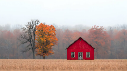 Red barn in autumnal field, foggy forest background; autumnal landscape photography