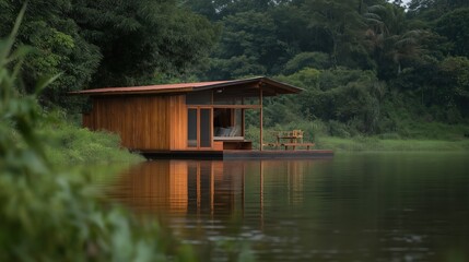 Fototapeta premium Wooden Cabin On Tranquil Lake In Lush Forest With Outdoor Space and Reflections, Nature Retreat and