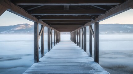 Norwegian pier, its frost-covered beams leading to the frozen waters and the mountains beyond