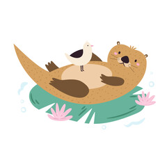 Vector illustration of cute otter character. Funny marine creature