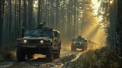 Military transport vehicles move along a muddy path in a dense forest, rays of sunshine streaming through tall trees, creating a tranquil yet dynamic atmosphere.