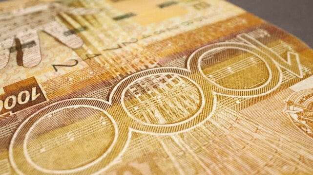 1000 Kazakhstani tenge banknote.  Close-up with slider movement.