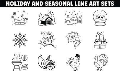 Holiday Seasonal Line Art Sets Winter, Thanksgiving, Christmas Graphics