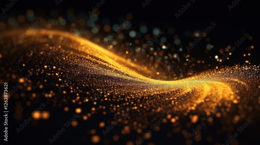 Poster a shimmering wave of golden particles flows gracefully against a dark background, creating a mesmeri