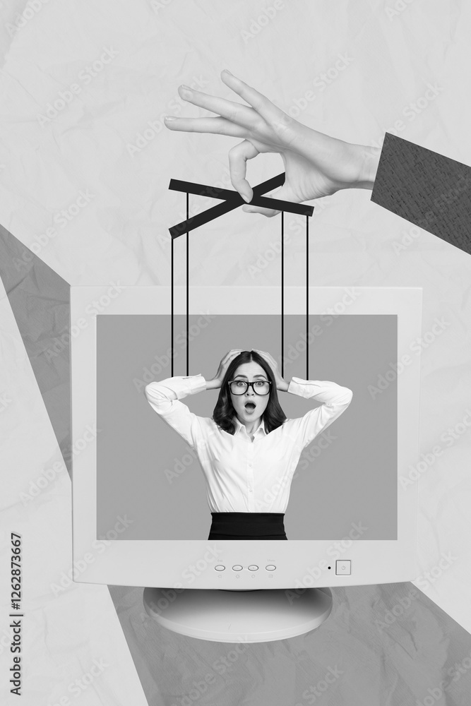 Poster vertical collage picture of arm fingers hold strings controlled mini girl inside pc display isolated