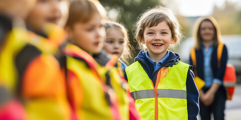 Group of preschoolers wearing yellow reflective vests to improve visibility walking along the city street with a teacher. Kindergarten learning traffic safety rules.