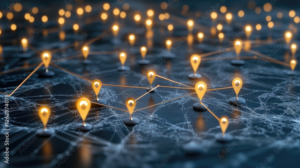Poster visual concept showcasing a global network with location pins over a digital map, emphasizing techno