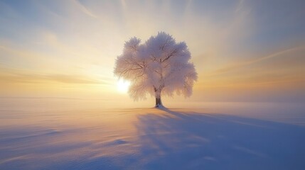 single tree rises in a wintry field, its frosted branches stretching skyward amidst the endless snow and silence