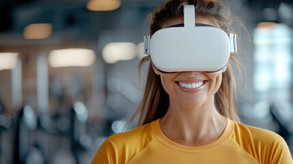 Energetic athletic woman performing high intensity exercise like jumping stretching or weightlifting in a modern well equipped gym setting  She is focused and determined showcasing her strength