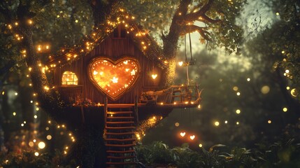 Enchanted Treehouse with Heart Shaped Window and Glittering Lights